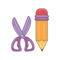 Pencil with Scissor vector illustration, Colored linear style pictogram