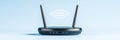 Dual antenna wireless router on light blue gradient background symbolizing fast internet modern networking reliable data