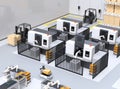 Dual-arm robot assembly motor coils in cell-production space. AGV, forklift and CNC machines at background Royalty Free Stock Photo