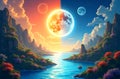 Dual Celestial Realm: Fantasy Landscape Royalty Free Stock Photo