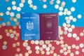 Dual citizenship concept. The Romanian and Moldovan passport. Coloseup of Romanian and Moldovan passport. Multiple citizenships,