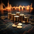 Dual coins and graph in cityscape symbolize financial growth and stock market success