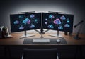 Dual computer monitors display a cloud computing interface with interconnected cloud icons. Mounted Royalty Free Stock Photo
