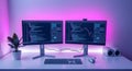 Dual computer monitors display code and data charts in a purple-lit workspace. Royalty Free Stock Photo