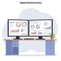 Dual computer monitors display data analytics with various charts and graphs, Royalty Free Stock Photo