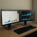 Dual computer monitors display financial or data analysis graphs. The left monitor Royalty Free Stock Photo