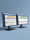 Dual Computer Monitors Displaying Data Analytics Dashboard With Color-Coded Graphs and Charts for Business Insights Royalty Free Stock Photo