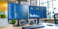 Dual computer monitors displaying data analytics and programming code in modern office environment with plants and Royalty Free Stock Photo