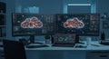 Dual computer monitors and a laptop display intricate cloud computing graphics with interconnected nodes Royalty Free Stock Photo