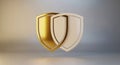 Dual 3D Golden Shields Symbolizing Premium Security and Digital Data Protection for Business Concepts. Royalty Free Stock Photo