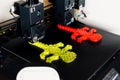 Dual extruder 3d printer which is printing two bicolor model, idex technology