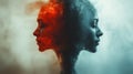 Dual Faces in Red and Blue Smoke Generative AI Royalty Free Stock Photo