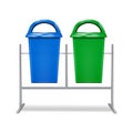 Dual industrial dustbin stand. Color recycle outdoor dust bin set. Hanging garbage waste recycling containers, trash cans Royalty Free Stock Photo