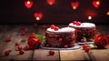 Dual Heart Cakes on Dark Wooden Backdrop for Valentine's - Generative AI Royalty Free Stock Photo