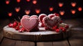 Dual Heart Cakes on Dark Wooden Backdrop for Valentine's - Generative AI Royalty Free Stock Photo