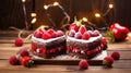 Dual Heart Cakes on Dark Wooden Backdrop for Valentine's - Generative AI Royalty Free Stock Photo