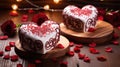 Dual Heart Cakes on Dark Wooden Backdrop for Valentine's - Generative AI Royalty Free Stock Photo