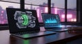 Dual Laptops Displaying Engine Diagram and Data Analysis on Desk Near Window with City Lights at Night Royalty Free Stock Photo