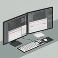 Dual monitors display code and data charts on a minimalist desk setup. The left Royalty Free Stock Photo