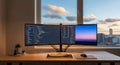 Stylish modern workspace with dual monitors displaying code and skyline view for productivity and inspiration Royalty Free Stock Photo