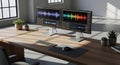 Dual monitors displaying audio waveforms and sound editing software on a wooden desk Royalty Free Stock Photo