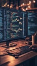 Dual monitors displaying cryptocurrency charts code. Hand uses keyboard on a desk. Lights illuminate background. Focus on trading. Royalty Free Stock Photo