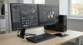 Dual monitors displaying various data and graphics are set up on a wooden desk in a Royalty Free Stock Photo