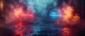 Dual Paths: Red and Blue Arrows in Mist. Concept Misty Forest, Split Path, Red Arrow, Blue Arrow, Royalty Free Stock Photo