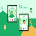 Dual phone screen video call for Eid Mubarak islamic festival celebration during covid pandemic. Son call his mother vector flat