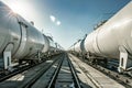 Dual Row of Hydrogen Tankers on Railroad in Sunshine Royalty Free Stock Photo