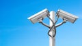 Dual surveillance cctv camera on pole with blue sky and copyspace, Use for surveillance camera and security content