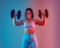 Dual toning blue red of young woman plus size doing fitness Royalty Free Stock Photo