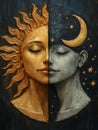Dualistic artwork featuring a split composition with a sun, personified as a serene Royalty Free Stock Photo