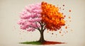 Duality of Seasons: Spring Cherry Blossom and Autumn Maple Tree Royalty Free Stock Photo