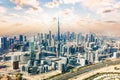 Dubai aerial view of downtown skyscrapers with Burj Khalifa at sunset Royalty Free Stock Photo