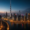 Dubai amazing city center skyline and famous Jumeirah beach in the morning, United Arab Emirates made with