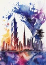Dubai artwork, watercolor. United Arab Emirates color splash. AI generative