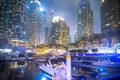 Dubai, Beautiful Dubai Marina view at night, very hot and humid evening