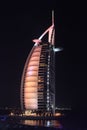 Dubai. Burj Al Arab by night, Luxury 7 Stars Hotel. Royalty Free Stock Photo