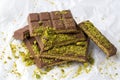 Dubai chocolate, milk chocolate filled with pistachio paste and kunefe Royalty Free Stock Photo