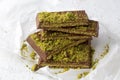 Dubai chocolate, milk chocolate filled with pistachio paste and kunefe Royalty Free Stock Photo