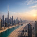 Dubai city center skyline and famous Jumeirah beach in the morning, United Arab Emirates made with Generative AI Royalty Free Stock Photo