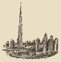 Dubai City Skyline Hand Drawn, Engraved Vector Royalty Free Stock Photo