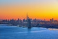 Dubai city skyline and Jumeirah beach at sunrise, United Arab Emirates