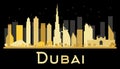 Dubai City skyline silhouette with golden skyscrapers.
