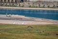 aerial view of Skydive Dubai Palm Drop zone at JBR Beach with the runway environment and departing De Havilland DHC-6