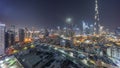 Dubai Downtown all night timelapse with tallest skyscraper and other towers Royalty Free Stock Photo