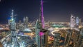 Dubai downtown cityscape with Burj Khalifa, LightUp light show aerial timelapse