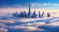 Dubai downtown is covered with dense fog in the winter