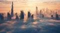 Dubai downtown is covered with dense fog in the winter